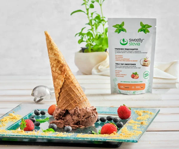 Cocoa ice cream with sweetener Sweetly Stevia crystals