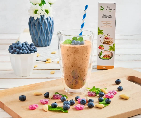 Smoothie cu afine și avocado, cu îndulcitor lichid Sweetly Stevia (etichetă în limba bulgară)